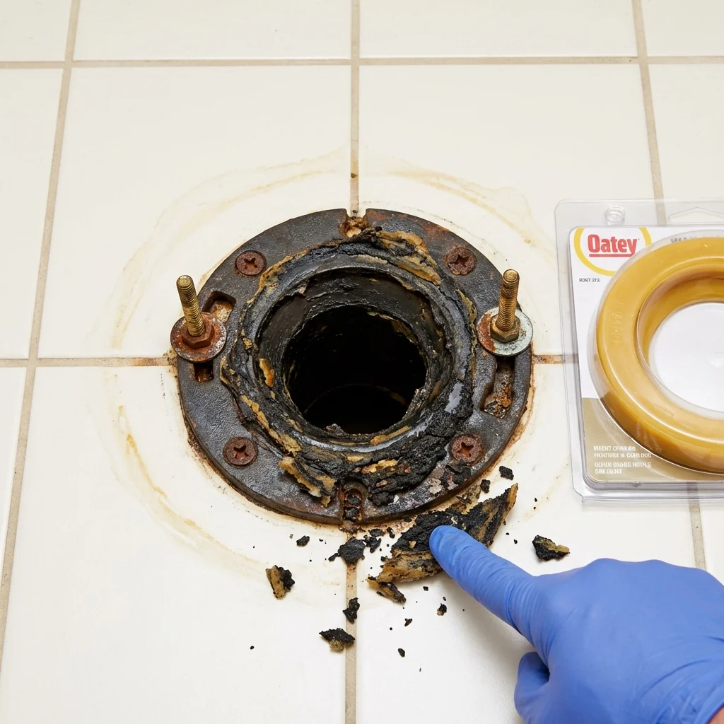 Failed wax ring showing water seepage at the base of a toilet in a Marion, KY home