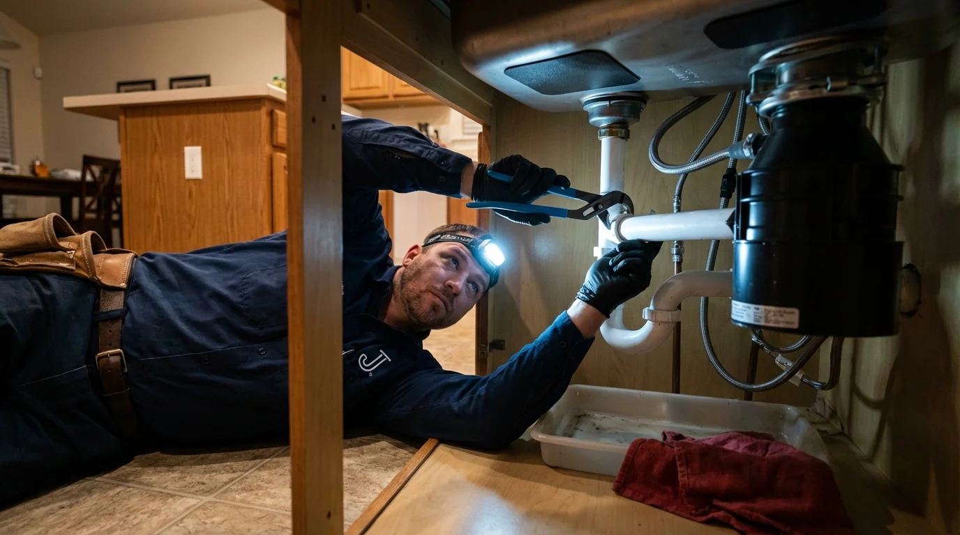 P-trap and supply line connections under a kitchen sink showing a common leak point in Marion, KY